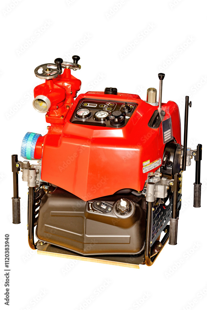 Powerful red engine designed for construction sites enhances productivity during operations, isolated on white background.