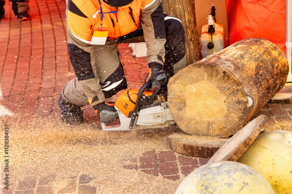 Mastering the art of chainsaw cutting at a lumberjack festival in the autumn sun