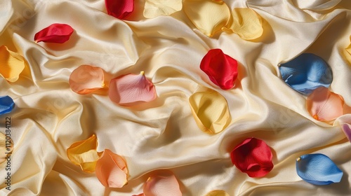A mix of colorful petals floating delicately on a sparkling champagne-colored fabric, evoking a sense of luxury and romance.