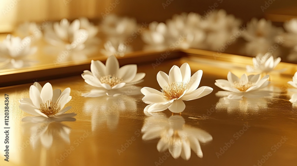 A peaceful arrangement of flowers floating on a gold-toned mirror surface, reflecting their beauty and creating a luxurious visual experience. A peaceful arrangement of flowers floating on a gold-toned mirror surface, reflecting their beauty and creating a luxurious visual experience.