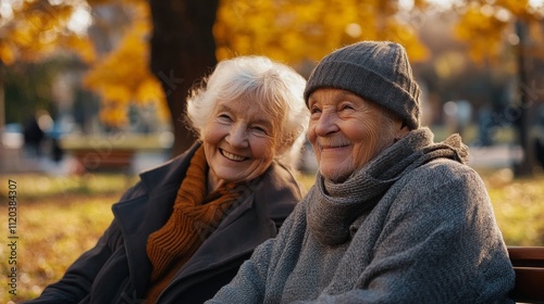 Abuelos tiernos sentados en un barco de un parque en otoño. Miradas felices, disfrutando de la tarde.
