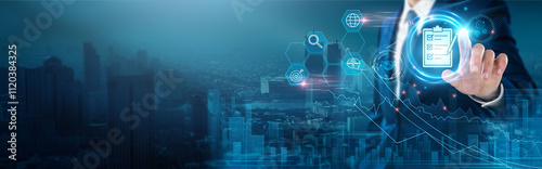 Assessment: Evaluation, analysis, feedback, metrics, performance, reporting, Businessman touch assessment network, improvement.