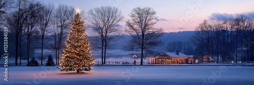 Illuminated Christmas Tree in a Snowy Winter Wonderland photo