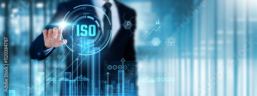 ISO: Businessman touches ISO standards analyzing graph quality control, compliance, efficiency, risk management, process improvement, certification, safety protocols, performance metrics.
