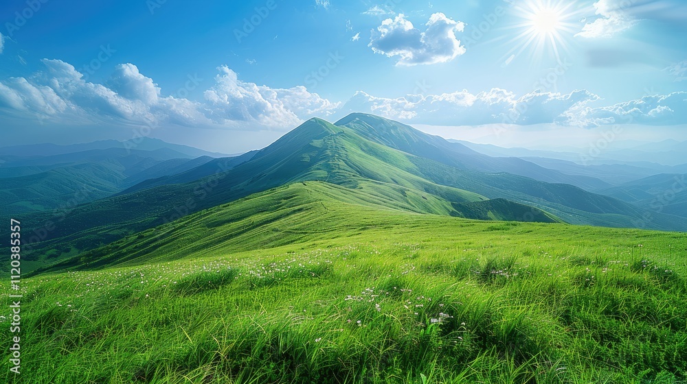 Sunny day in green mountain range with lush meadows. Sunny day in green mountain range with lush meadows.