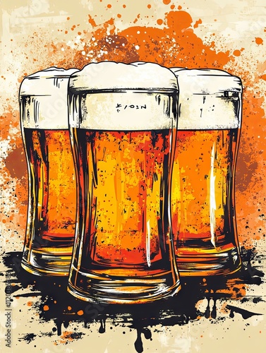 Three Glasses of Foamy Beer - Vintage Style Illustration