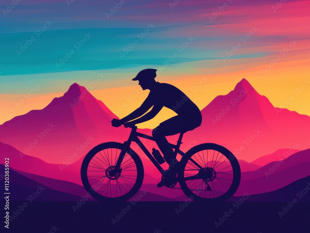 Fototapeta premium Silhouette of a Mountain Biker Against a Vibrant Sunset with Majestic Mountains and Colorful Sky in the Background, Perfect for Adventure and Outdoor Themes
