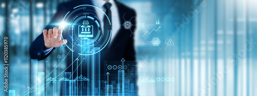 E-Governance: Businessman touch e-governance analyzing graph transparency, public participation, data management, service delivery, accountability, efficiency, citizen engagement, digital services.