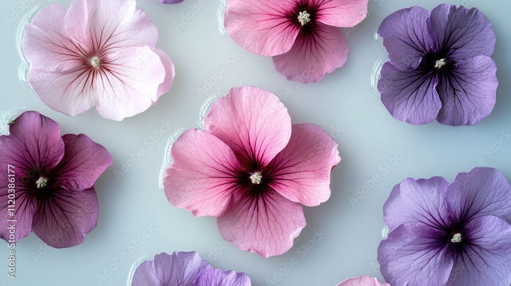 Bright pink and purple flowers floating on a white surface, creating a soft contrast with the simplicity of the background, evoking elegance. Bright pink and purple flowers floating on a white surface, creating a soft contrast with the simplicity of the background, evoking elegance.