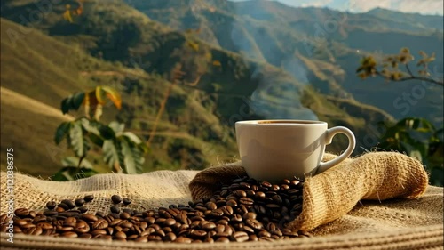 A cup of coffee from coffee beans in a burlap bag with beans