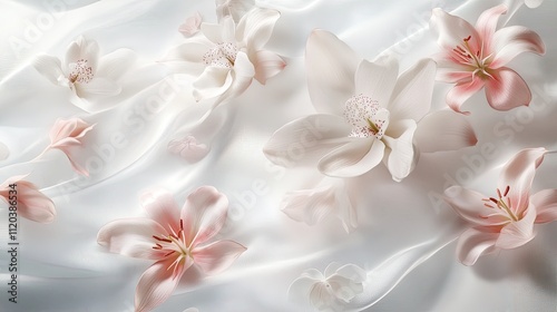 Delicate white lilies and soft pink orchids drifting across a clean white surface, evoking purity and tranquility.