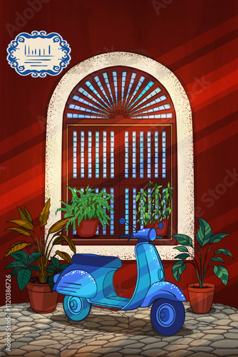 Vector illustration Goa window, retro scooter, tropical plants in pots, sun rays on red wall, Mediterranean vibes, summer travel, Panaji, cozy atmosphere, vintage architecture, vacation mood.