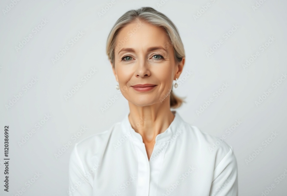 Serene middle-aged female portrait with calm expression Serene middle-aged female portrait with calm expression