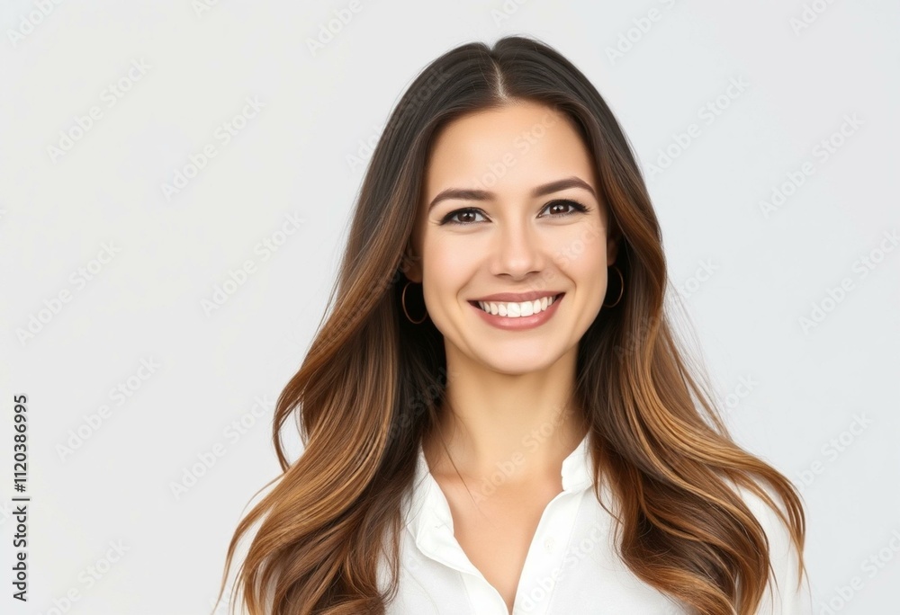 Portrait of a smiling woman with long brown hair and white blouse Portrait of a smiling woman with long brown hair and white blouse