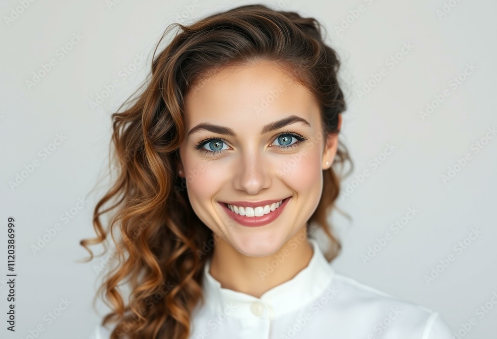 Smiling female portrait with bright blue eyes and curly brown hair Smiling female portrait with bright blue eyes and curly brown hair