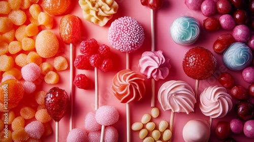 Azúcar, caramelos rosas y multicolores, industria del consumo de azúcar.