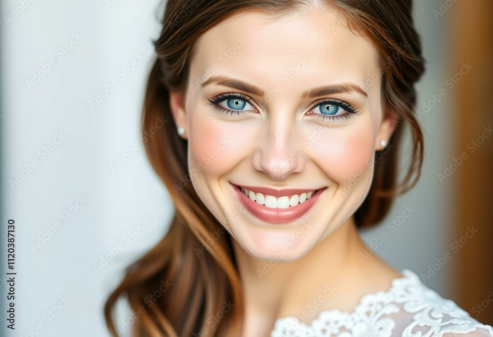 A smiling female with bright blue eyes and elegant white dress A smiling female with bright blue eyes and elegant white dress