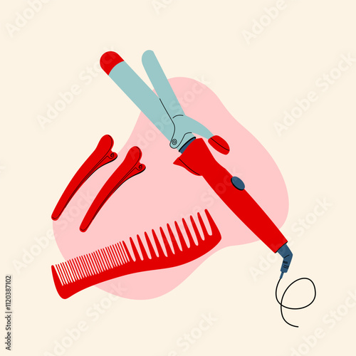 Hair clips, comb and hair straightener, hairdresser's kit.