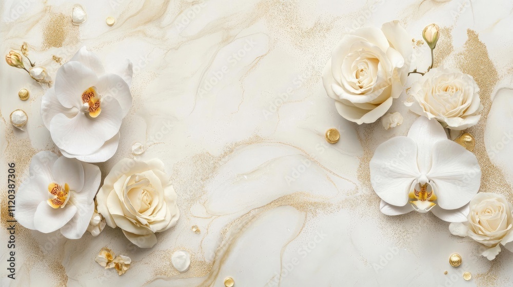 Elegant white orchids and roses floating across a marble surface with golden accents, creating a sophisticated and luxurious atmosphere.