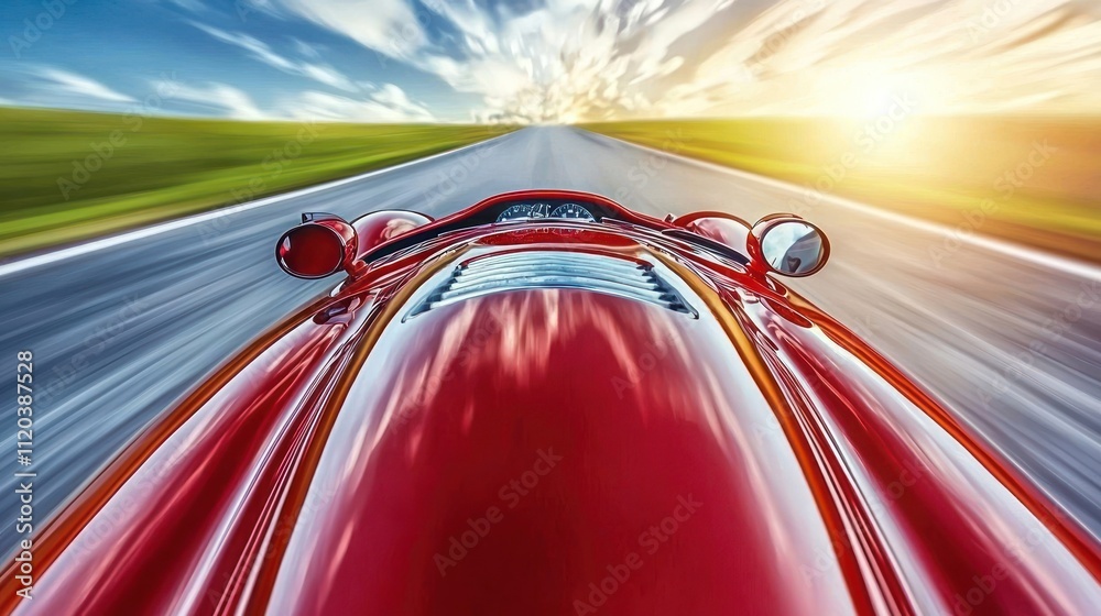 Obraz premium Red Classic Car Speeding on a Sunny Road