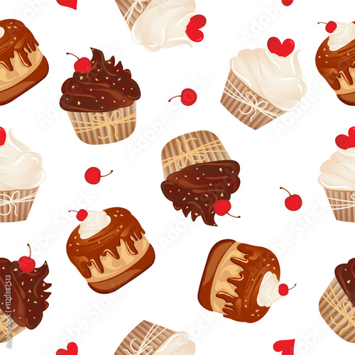 Seamless pattern for kitchen decor and more. Delicious cupcake with whipped cream and cherry. Vector cartoon illustration of sweet food.