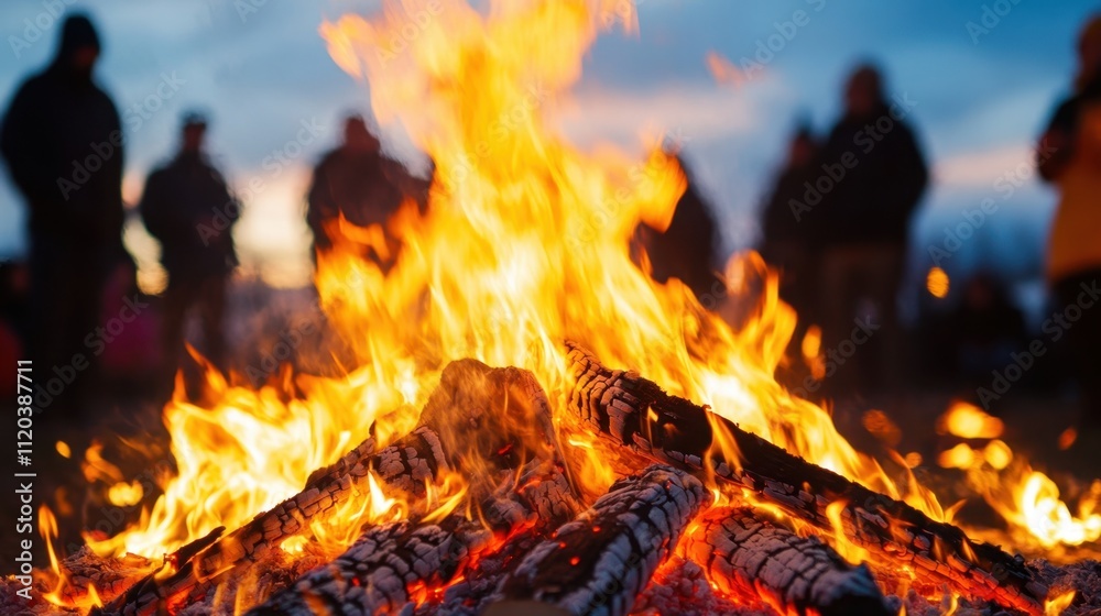 A bonfire burns brightly in the center of a gathering of people, casting a warm glow on their faces A bonfire burns brightly in the center of a gathering of people, casting a warm glow on their faces