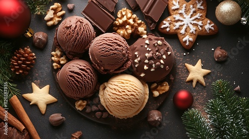 Christmas cookies, nuts, and chocolate ice cream displayed together in a festive setting.