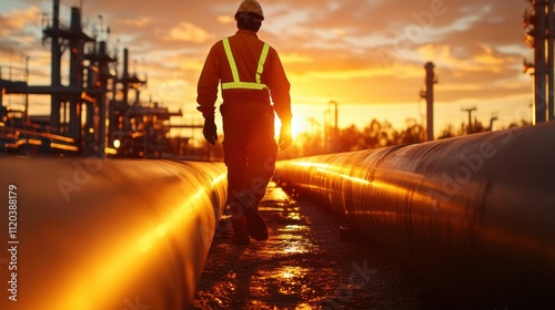 Silhouette of a worker in a safety vest walking between large industrial pipelines during sunset