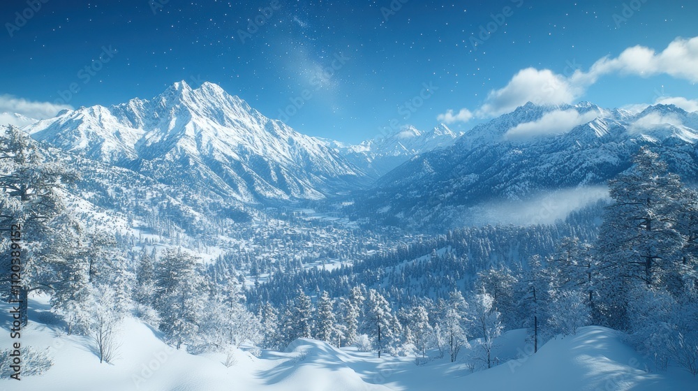 Snowy mountain range valley winter landscape. Snowy mountain range valley winter landscape.