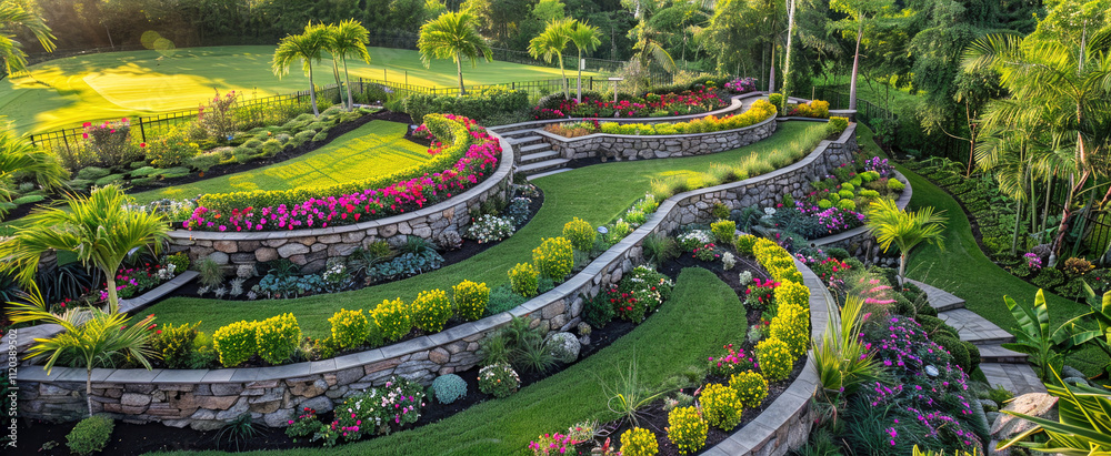 Terraced home garden with stone retaining walls, design of luxury house backyard or beautiful landscaped yard. Concept of landscaping, flower Terraced home garden with stone retaining walls, design of luxury house backyard or beautiful landscaped yard. Concept of landscaping, flower