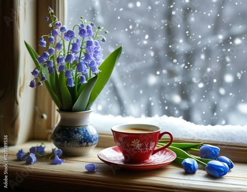 Cup of coffee with flowers and snowy