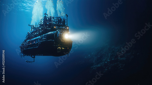 Deep sea vehicle moves underwater, research bathyscaphe explores ocean, scientific submarine is under water. Concept of science, depth, expedition, photo