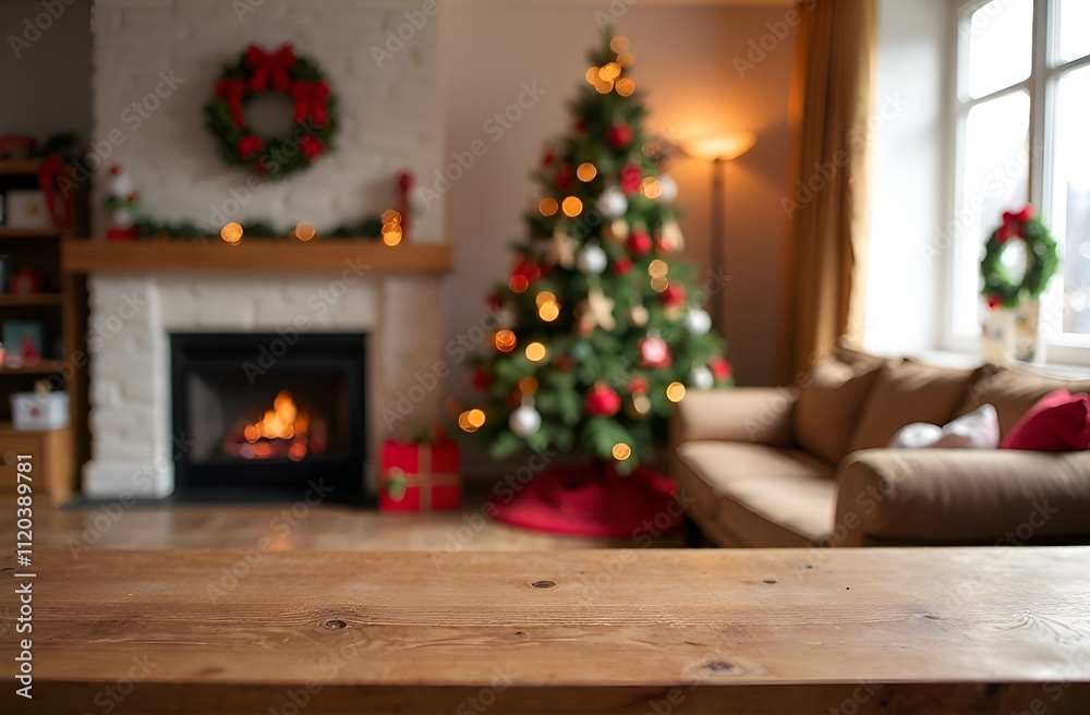 empty Christmas table background with Christmas tree out of focus for product display montage empty Christmas table background with Christmas tree out of focus for product display montage