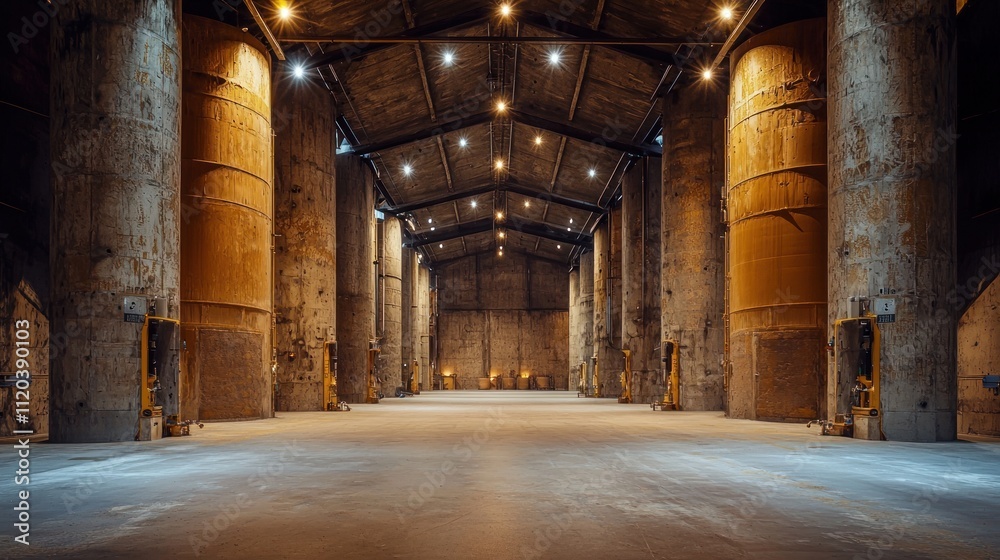 Imposing Industrial Interior: A Vast, Lit Warehouse Space Imposing Industrial Interior: A Vast, Lit Warehouse Space
