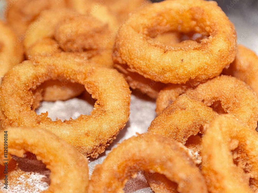 Crispy onion rings stacked high, creating a delicious tower of fried goodness Crispy onion rings stacked high, creating a delicious tower of fried goodness
