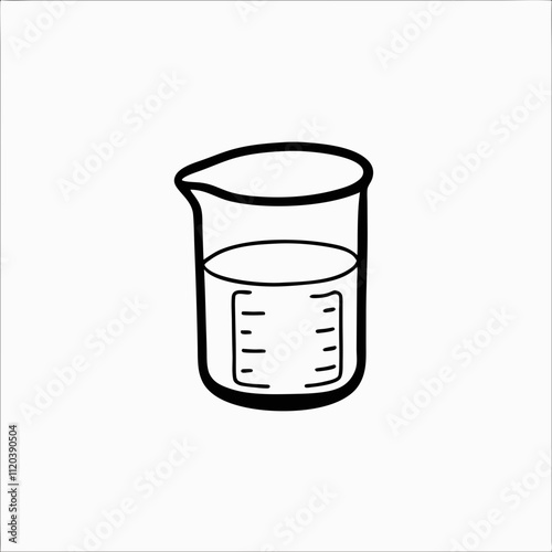  Laboratory beaker with liquid level in minimal vector outline, scientific illustration for educational infographics, chemistry visuals or product measurement icons. Concept: STEM design, scientific U
