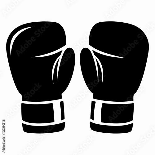  Pair of boxing gloves in solid black silhouette, simplified vector used in sports app icons, fight club logos or martial arts promo materials. Concept: boxing gym visuals, sports tournament branding,