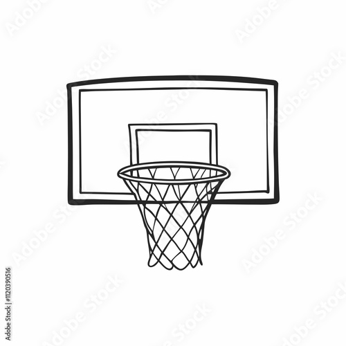 Basketball hoop sketch with backboard in minimalist line style. Simple black and white drawing showing sports equipment on clean background. Concept: sports facilities, basketball training