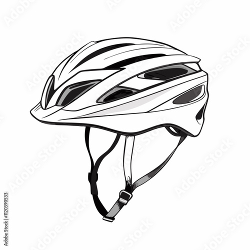 White bicycle helmet with ventilation slots shown from three-quarter view. Clean line drawing displaying protective headgear with fastened straps in catalog style. Concept: cycling safety