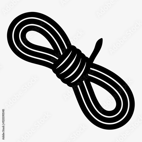 Black silhouette of a rolled climbing rope on a white background for outdoor sports and activities