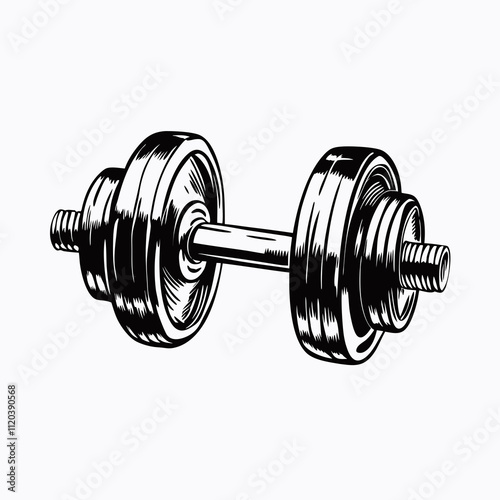 Hand drawn dumbbell illustration in vintage style. Classic fitness equipment sketch. Retro gym aesthetic with copy space.
Concept: Fitness center, Personal training, Health club