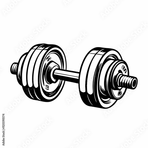 Hand-drawn style dumbbell with engraved metal texture, vector illustration used in gym logos, workout program designs or strength training infographics. Concept: fitness club branding, weightlifting a