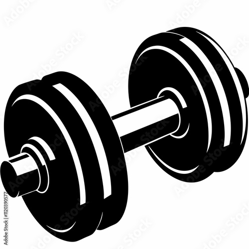Bold dumbbell illustration positioned at dynamic angle showing weight training equipment. Minimalist black and white design Concept: Fitness Center, Personal Training, Sports Equipment