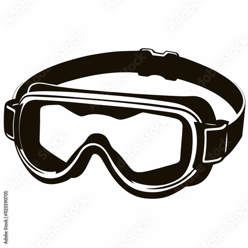 Bold black ski or snowboard goggles icon in filled vector style, used in winter sports branding, snow gear illustrations or alpine safety infographics. Concept: ski resort visuals, snowboarding school