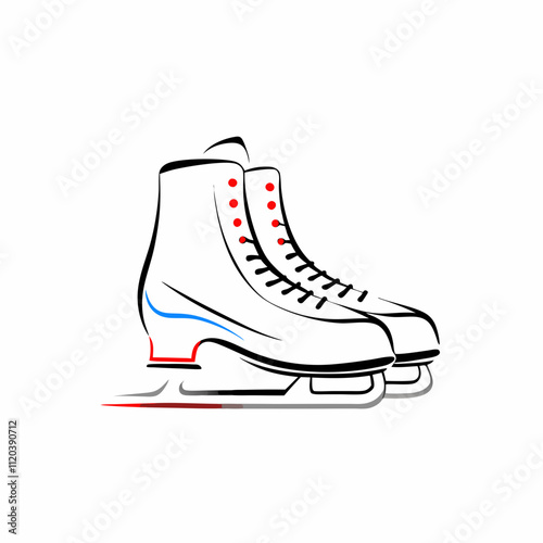  Pair of stylized ice skates with blue and red detailing, line vector illustration for winter sport ads, skating school visuals or holiday-themed design. Concept: winter sport branding, skating class 