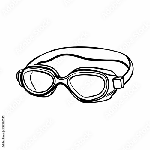 Clean black and white line illustration of swimming goggles, minimal vector style for swimwear branding, water sports visuals or fitness app icons. Concept: swimming school design, aquatic program ide