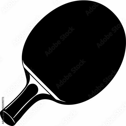 Solid black silhouette of table tennis paddle, bold vector style illustration for ping pong clubs, sports infographics or hobby shop branding. Concept: indoor sports visual, racket game graphics, tabl