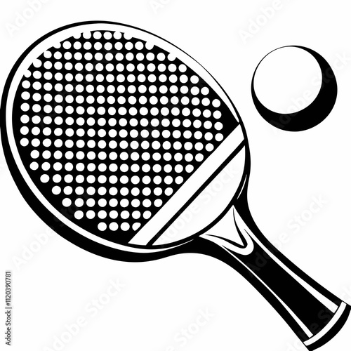Black and white illustration of a padel racket and ball in stylized vector style, suitable for use in sports infographics, padel club branding or mobile app icons. Concept: sportswear advertising