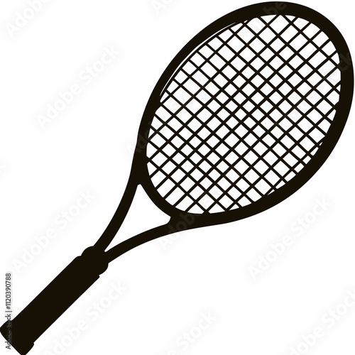 Simplified silhouette of tennis racket in black, strong visual for tennis club branding, sports merchandise, app icons or court signage. Concept: tennis coaching design, sports gear illustration