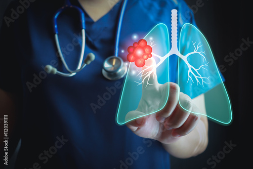 Medical and Healthcare. Woman doctor touching a hologram of cancer lung.